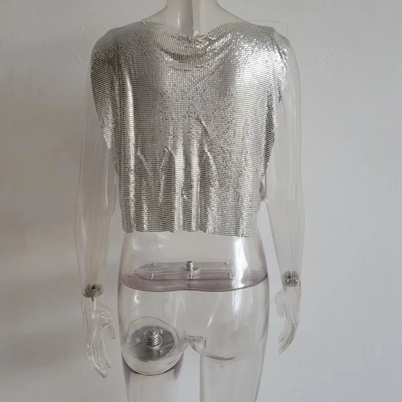 Großhandel Preis Sparkly Metall Pailletten Sexy Tank Tops Ärmellose O Neck Aushöhlen Nachtclub Gestellte Solide Luxus Frauen Crop Top – Detail 10