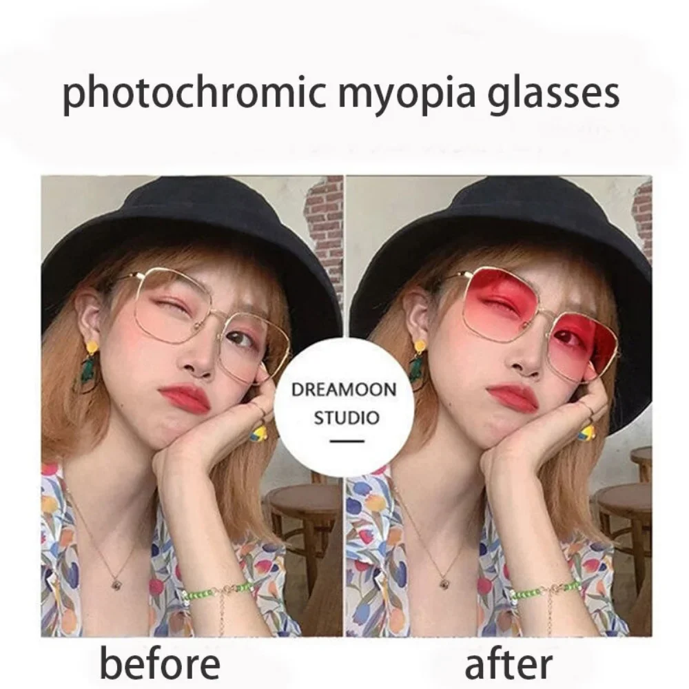 0~-600 Myopia Photochromic Glasses Women Diamond Studded Oversized Square Anti Blue Light UV-proof Finished Glasses with Degree 4
