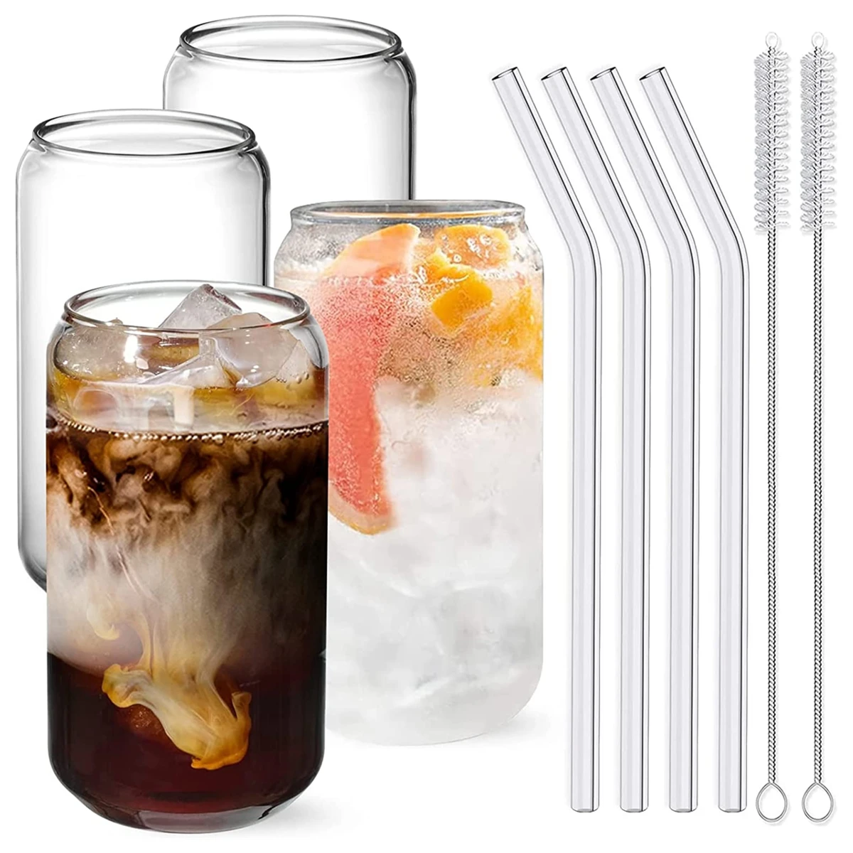 Set Di 4 Bicchieri In Vetro Borosilicato Con Coperchio In Bambù E Cannucce - Tazze Per Caffè Freddo, Cocktail E Boba Tea - 453g