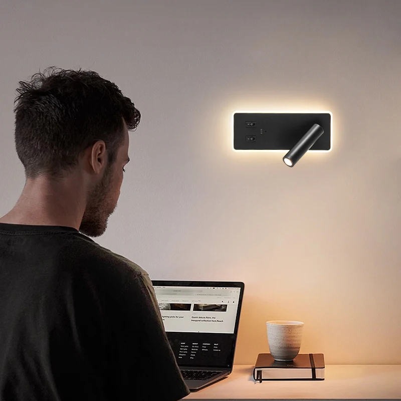 LED 가정용 배터리 USB 충전 벽 램프, 직사각형 자기 흡입 설치, 이중 제어 스위치, 실내 침대 옆 조명, 6W