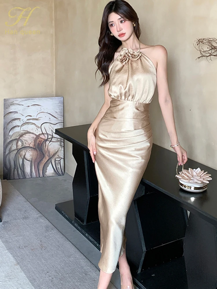 

H Han Queen Summer Party Dresses Woman Pencil Sheath Elegant Simple Slim Long Vestidos Folding Backless Sexy Evening Dresses