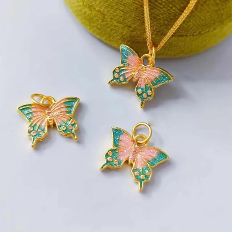 

Pure 24K Yellow Gold Pendant Women 999 Gold Pink Butterfly Necklace Pendant 1pcs