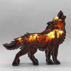 Home Decoration Wooden Hollowed Small Wolf LED Light Cute Desktop Ornaments Home Decor Accessories