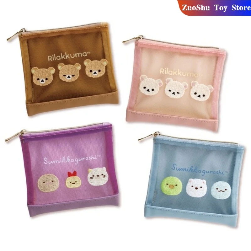 Kawaii Rilakkuma Storage Bag Peripheral Mini Organizer Mesh Transparent Storage Stationery Card Bag Decor Kawaii Gifts