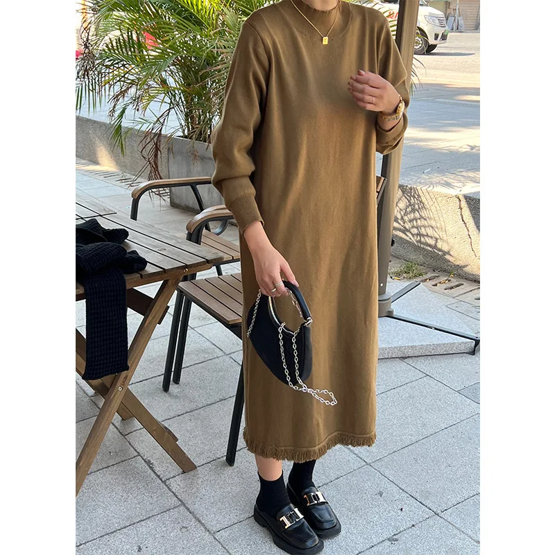 

2024 Spring Autumn New Women Knitted Dress Trendy High Neck Long Sleeved baggey Fitting Dresses Fringed Hem Ladies Casual frock