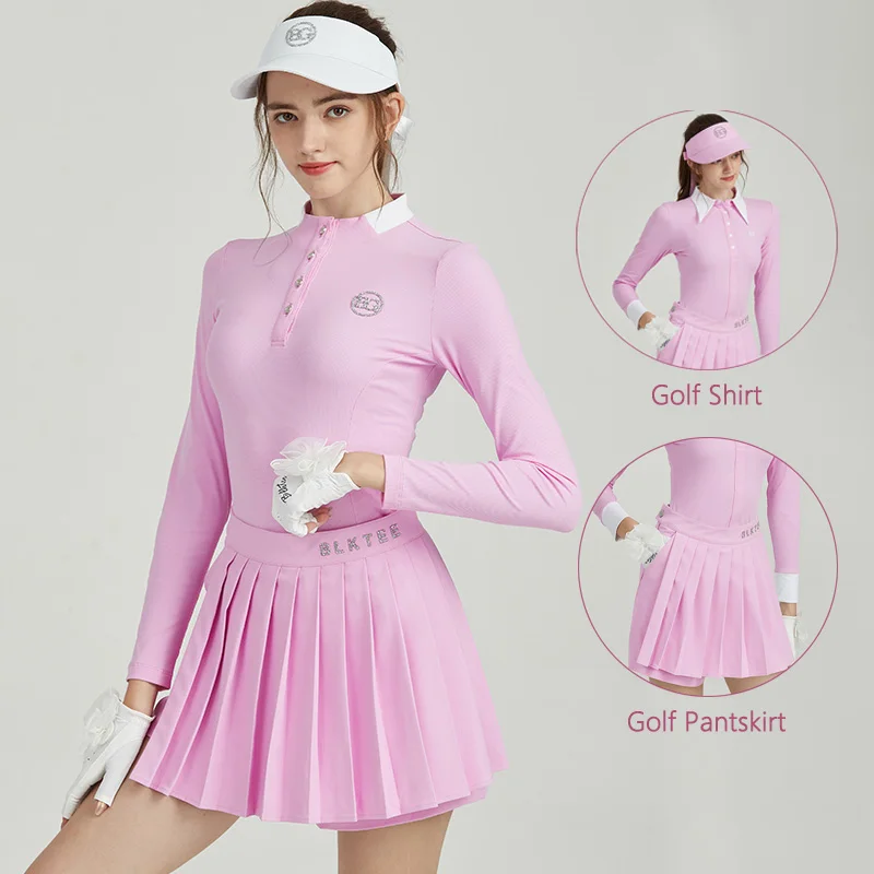 

Blktee Ladies Elegant Long-sleeved Shirt Slim Breathable Tops Women High Waist Golf Pleated Skirt Girl Anti-light Culottes S-XXL