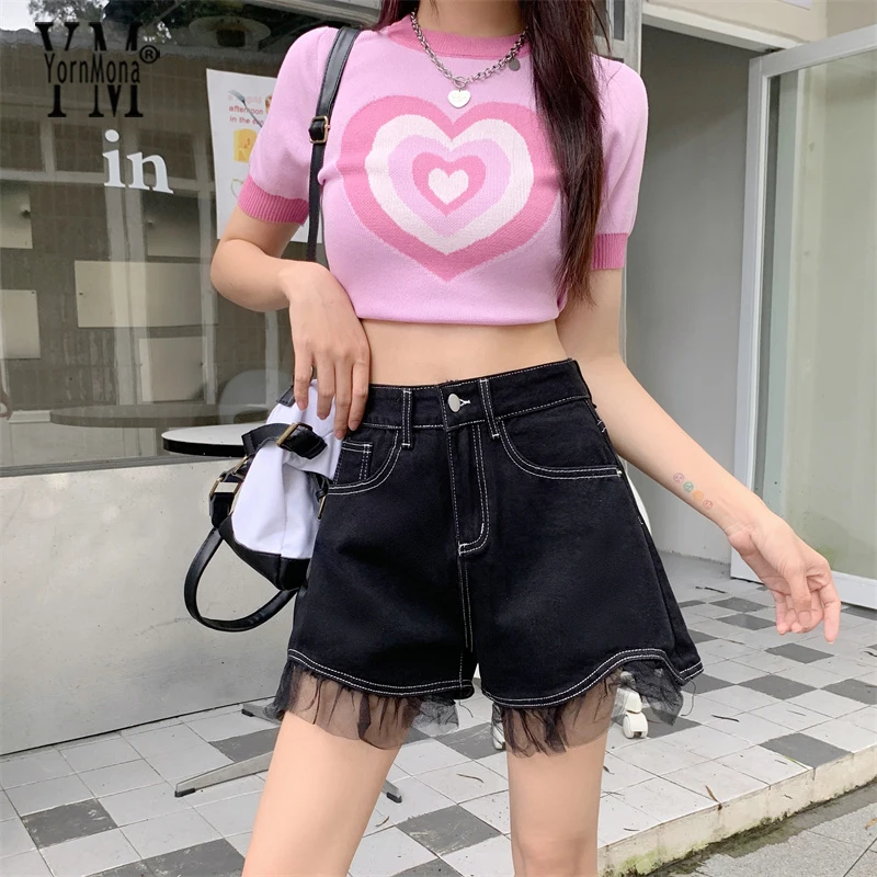 

YornMona Ins Fashion Lace Patchwork Harajuku Black Shorts Pants Women Y2K High Waist Blue Denim Shorts Streetwear Ladies Bottoms