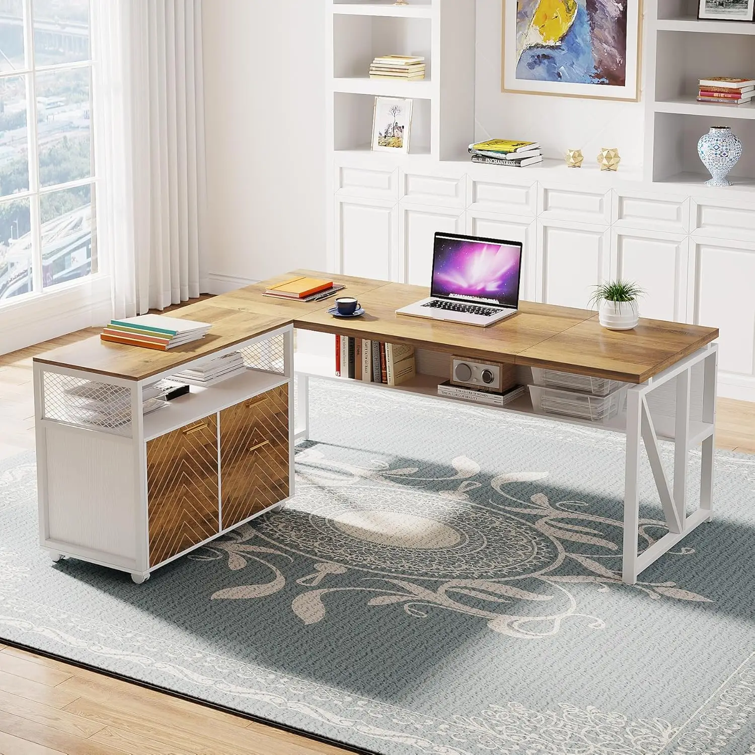 L Shaped Desk with Drawer Cabinet, 63" Executive Computer Desk and lateral File Cabinet, 2 Piece Home Office Furniture
