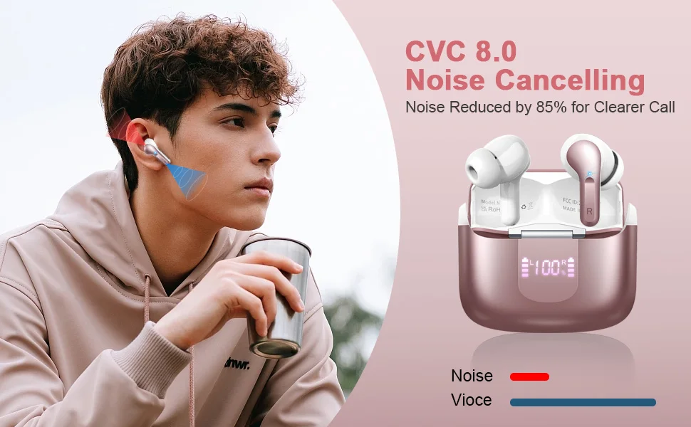 Wireless Earbuds, Bluetooth 5.3 Headphones Sports Headphones In Ear with 4 ENC Noise Cancelling Mic, 40H Playback , LED Display.