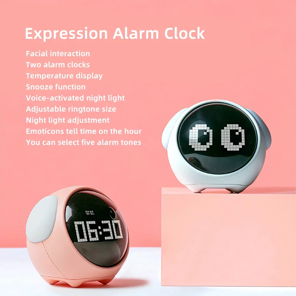 

2022 New Cute Expression Alarm Clock Child Multifunctional Bedside Voice Control Night Light Snooze Chargeable Child Alarm Clock