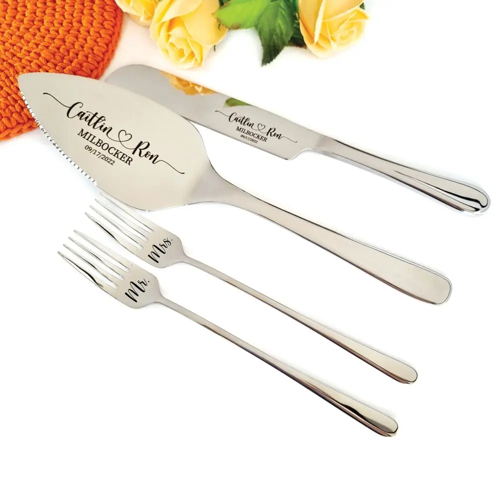 Personalized Wedding Cake and Knife Server Set With Forks Wedding Cake Decorattion Custom Monogram Laser Name Multiple Colors