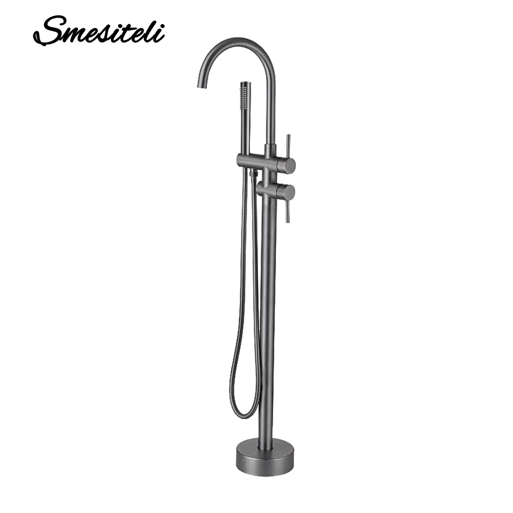 Gunmetal Freestanding Bathtub Faucet Set Floor Mounted Mixer Hot & Cold Shower System 2 Modes Handheld Shower &Round Spout 2