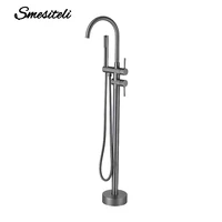 Gunmetal Freestanding Bathtub Faucet Set Floor Mounted Mixer Hot & Cold Shower System 2 Modes Handheld Shower &Round Spout 2