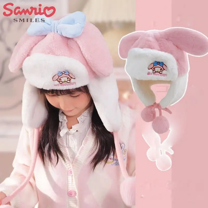 

2023 Sanrio Hat Children's Kawaii Mymelody Cinnamoroll Kuromi Winter New Girls' Plush Hat Boys' Thickened Hat Earmuffs One Piece