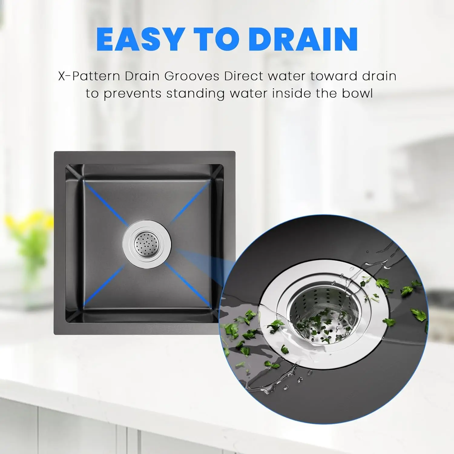 ROVATE 18×18 Inch Undermount Kitchen Sink 304 Stainless Steel Single Bowl Bar or Prep Sink 18 Gauge 9 Inch Deep Small Sink Black 6