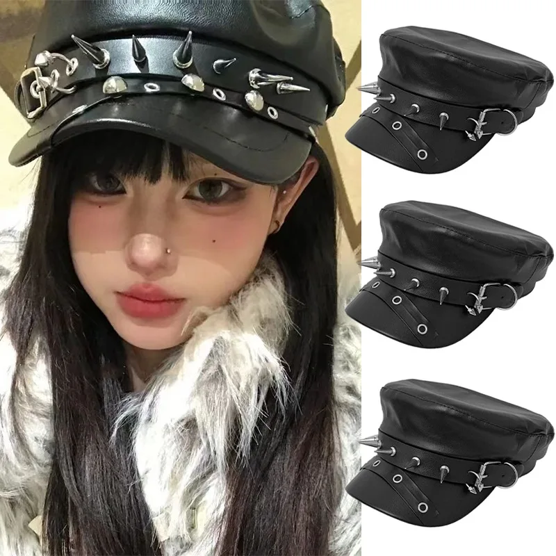 New Autumn Winter Spicy Girl Punk Rivet Beret Subculture Black Leather Dark Retro Face Revealing Duckling Tongue Cap Painter Hat