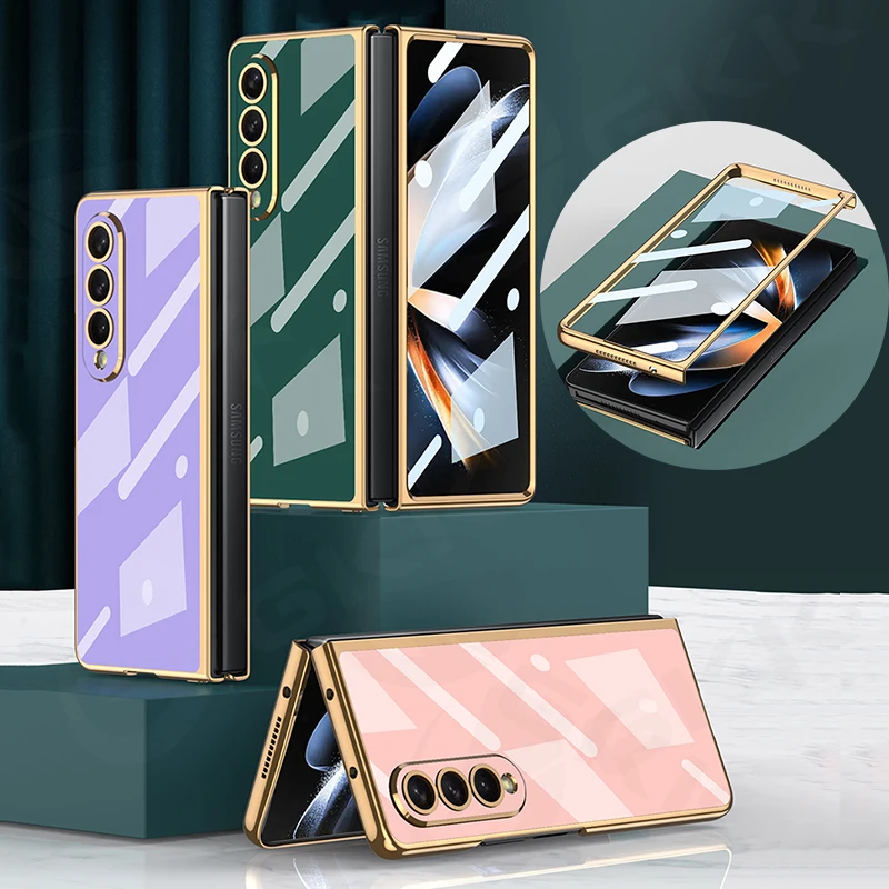 

Роскошный Твердый чехол с гальваническим покрытием в комплекте для Samsung Galaxy Z Fold 4 5G, внешний защитный стеклянный чехол для Galaxy Z Fold4
