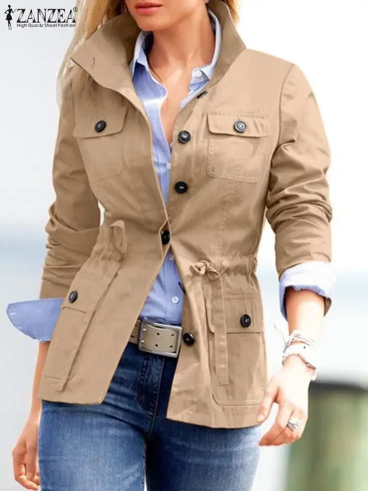 

ZANZEA стильные женские куртки, Весенняя модная верхняя одежда, повседневная, с пуговицами, зауженное пальто, однотонная водолазка, с длинным рукавом, для работы, уличная одежда