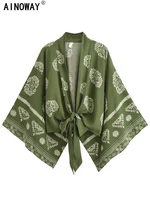 Vintage Women Fashion Boho Kimono Short Robe Swimsuits Floral Print Batwing Sleeves Bohemian Bikini Cover-Ups Beachwear