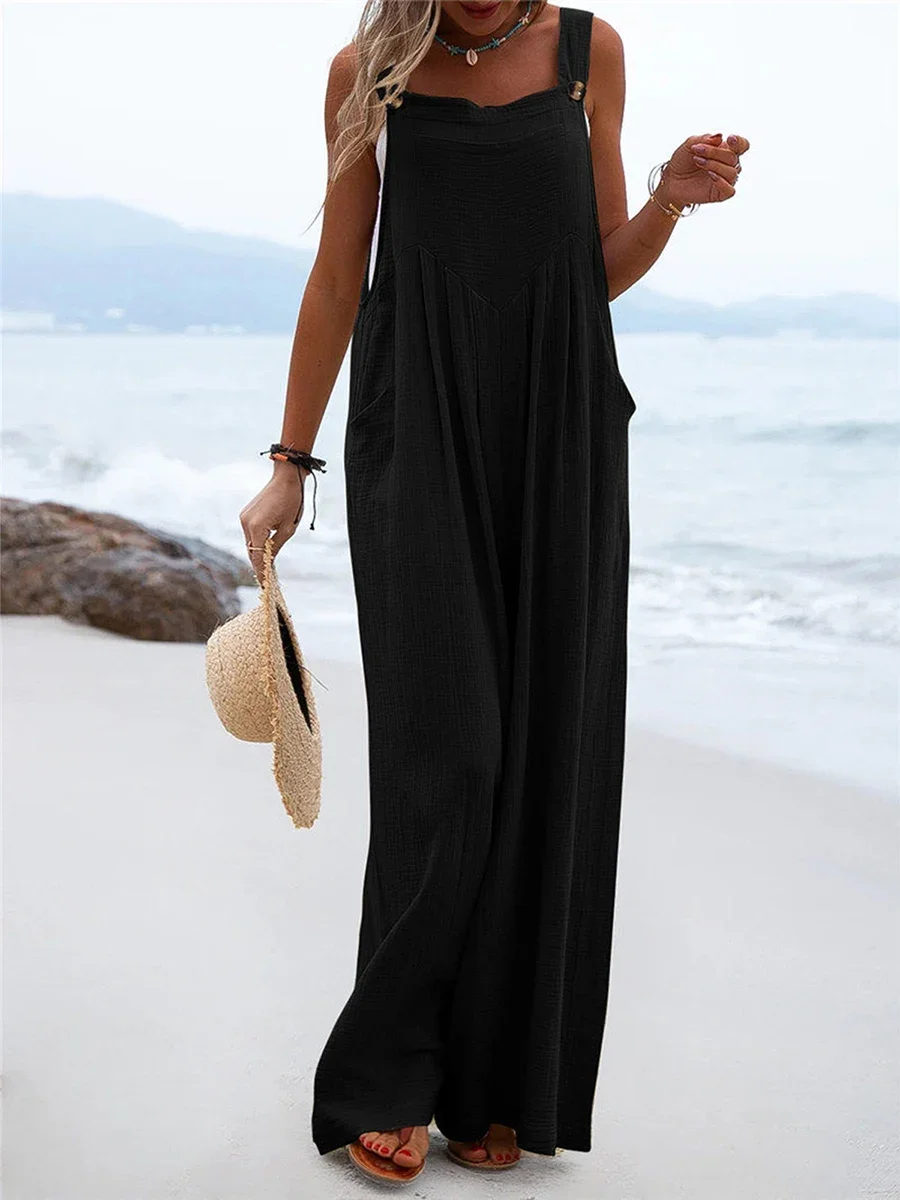 Overalls for Women Summer Jumpsuit Outfits Plus Size Solid Color Casual Button Wide Leg Suspender Pants with Pockets
