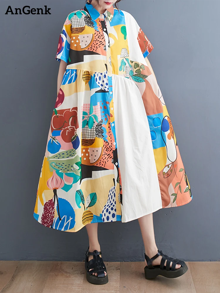 2023 Spring Summer New Vintage Print Shirt Dresses For Women Short Sleeve Loose Casual Midi