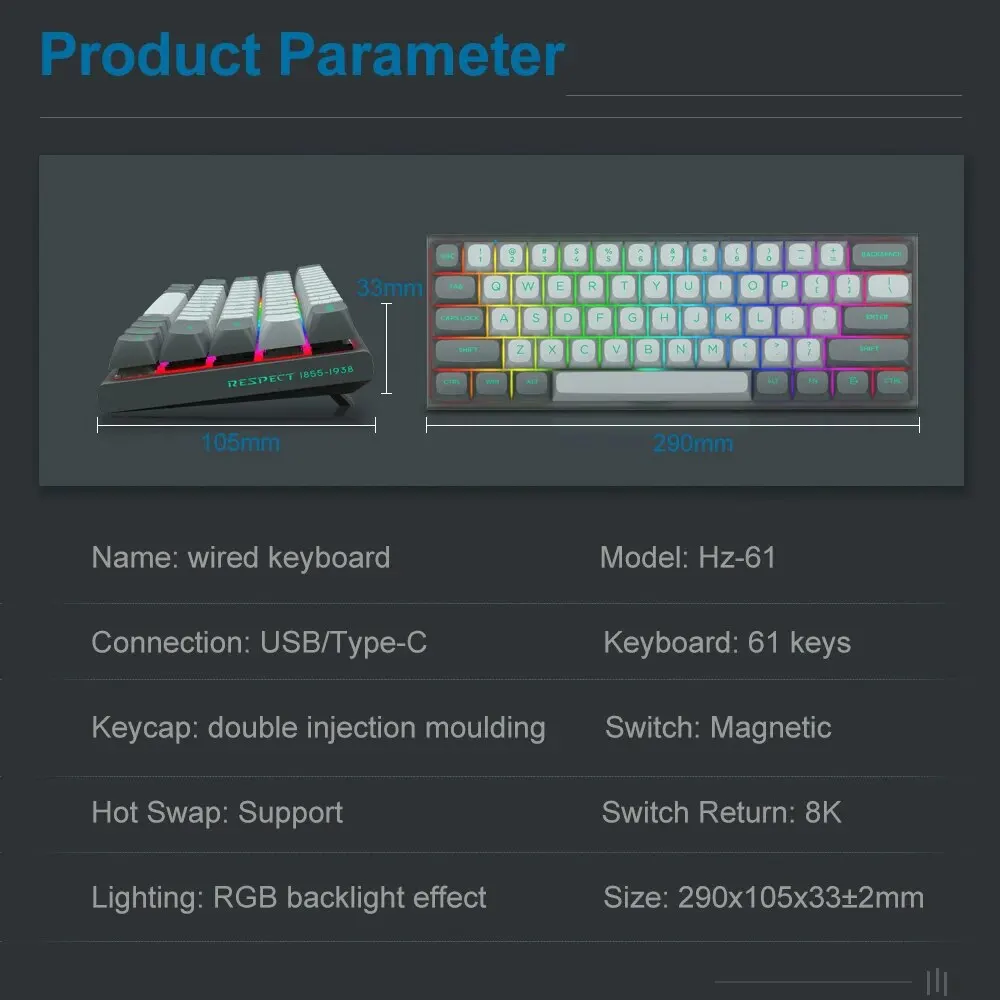 Mechanical Gaming Keyboard 61 Key Wired USB Mini 8K RT RGB Magnetic Switch for Computer PC Laptop Detachable Cable