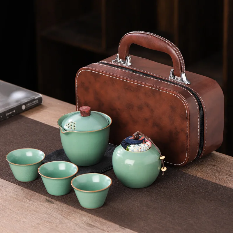 Ru Kiln Travel Tea Set Kuaike Cup Outdoor Portable Kung Fu Tea Set Business Souvenir Gift Ceramic Teaware Sets