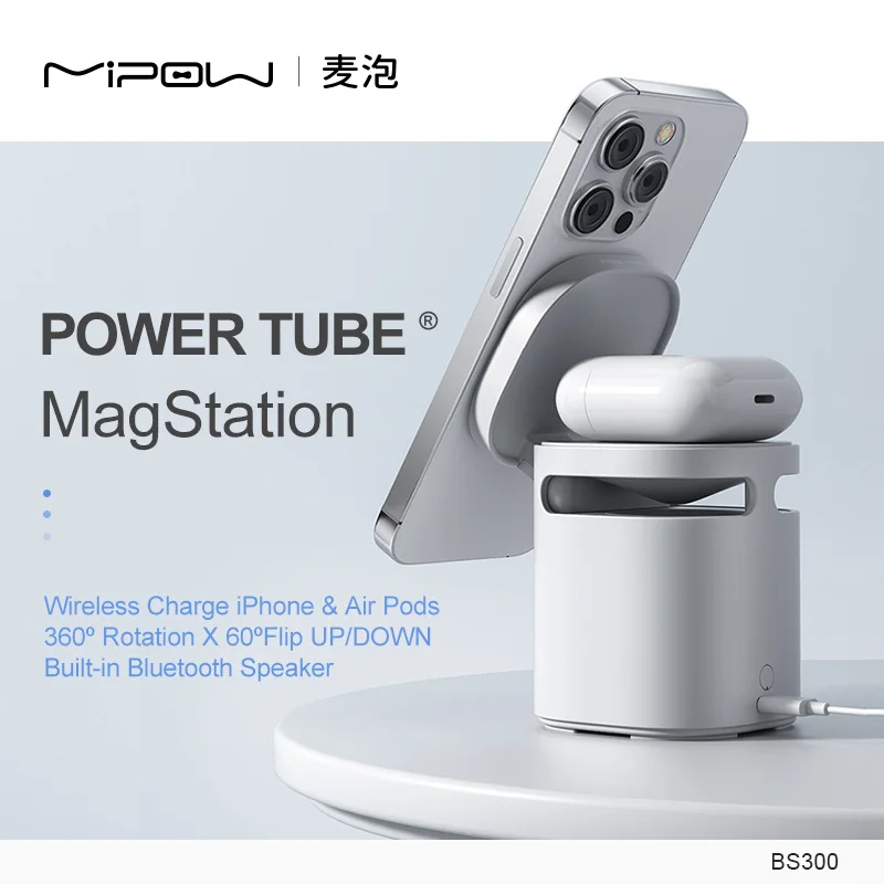 Mipow 3 In 1 Supporto Per Telefono Magstation Powertube Con Seeaker Per Iphone 14 Caricabatterie Wireless Magnetici Desktop Per Airpod
