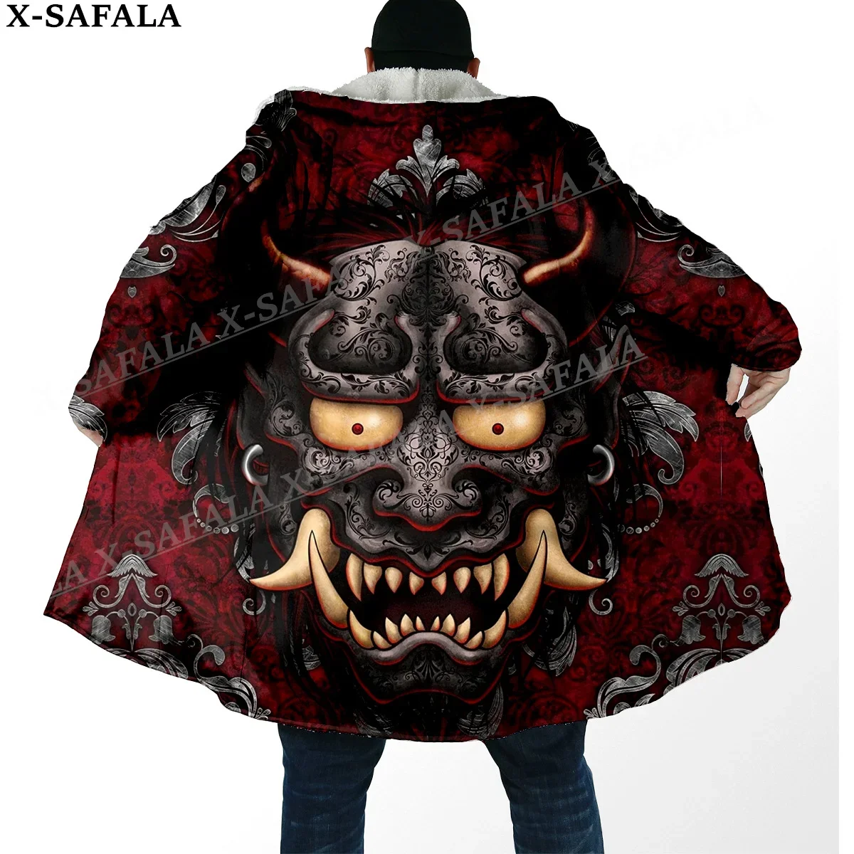 Japanese Art Samurai Mask Tattoo Print Thick Warm Hooded Cloak Men Overcoat Coat Windproof Fleece Cape Robe Hooded Blanket-4