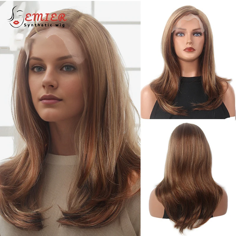 

Brown Highlight Natural Wave Lace Front Synthetic Wigs For Women 6X4X0.5 T-Part Lace Wig Curly Wigs 180% Density Side Part