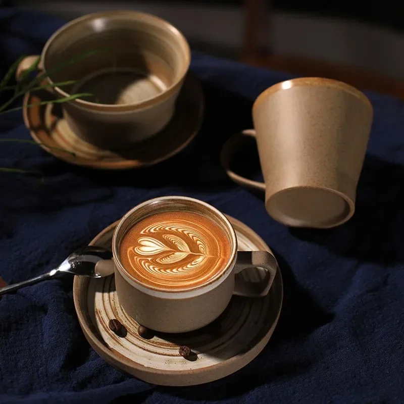 Japanese Style Stoneware Coffee Cup and Saucer Set Handmade Retro Mark Cup 350ml Large Capacity Household Milk Breakfast