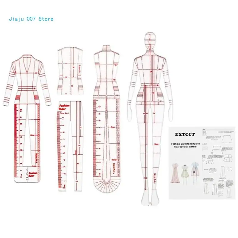 4 Pcs Mannequin Sewing Template Ruler Fashion Sketching Ruler for Dressmaking Tailoring Designing Drawing C9GA