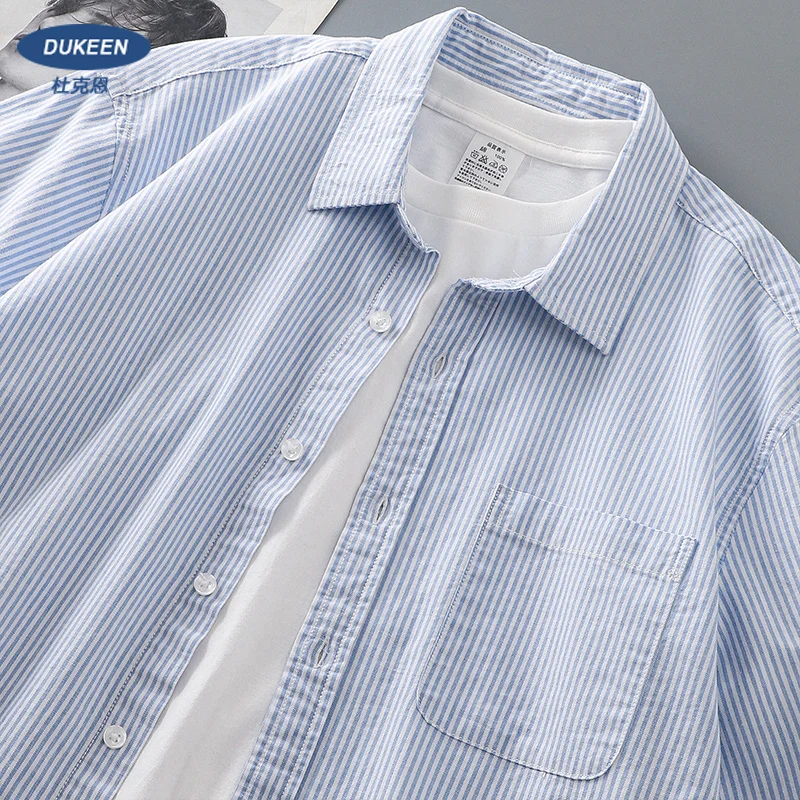 DUKEEN Men Casual Tops Striped Shirt Loose Tops Cotton Short-Sleeved Spring and Summer T-Shirt