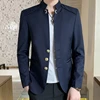 2023 Spring New Men's Fashion Button Decorative Blazer Coat Chinese Style Slim Fit Stand Collar Solid Color Suit Jacket 3