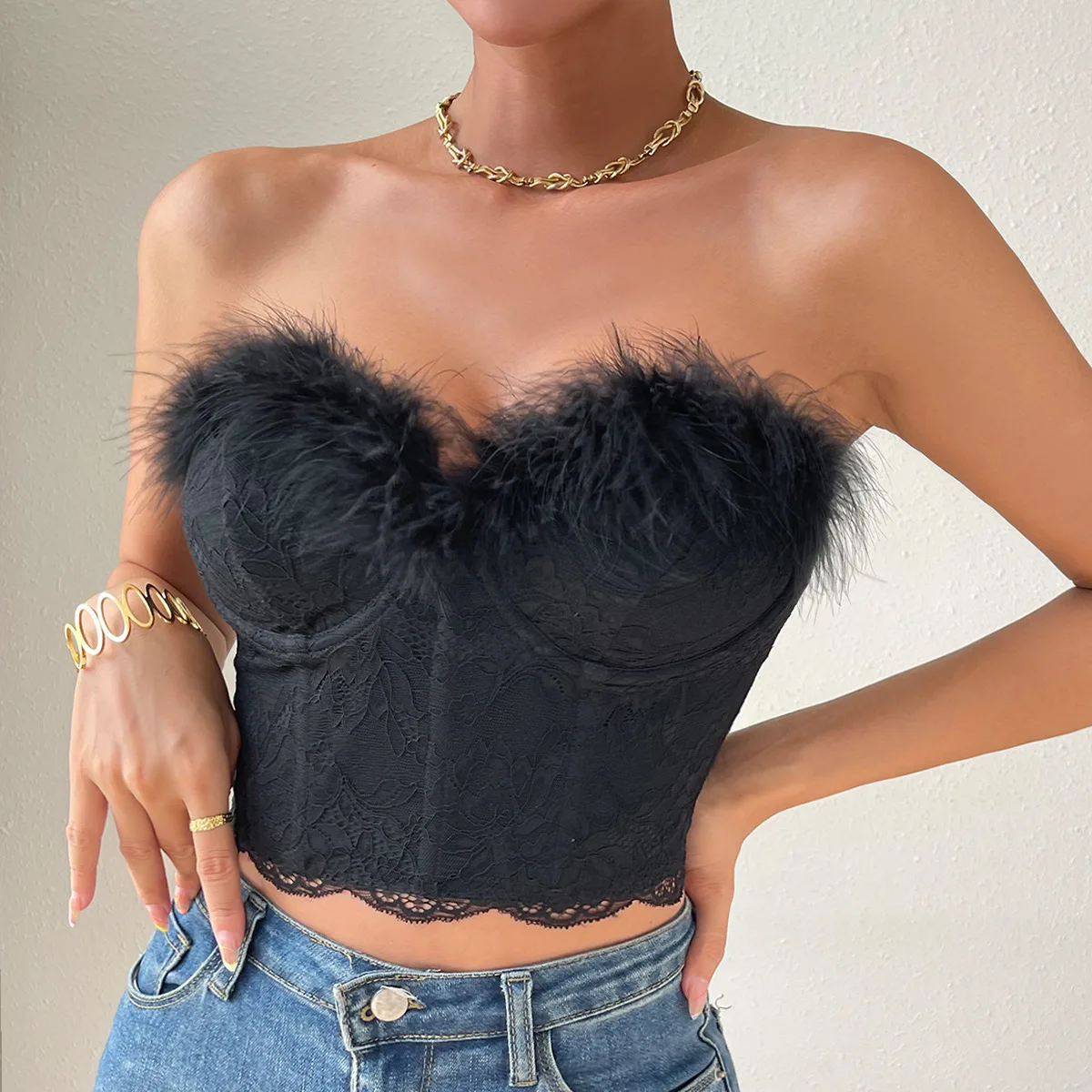 HICOSY Womens Feather Trim Strapless Lace Bustier withFeather Trim Low-Cut  Corselet Corset Crop Top  Music Festival Club Party