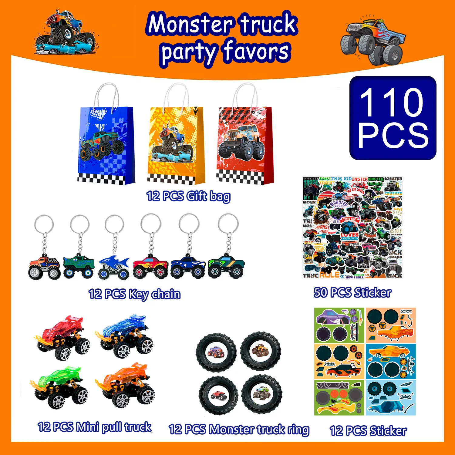 Monster Truck Favors, 110pcs All-In-One Mini Monster Trucks Party Favors Pack Truck Birthday Party Favors for Boys Kids