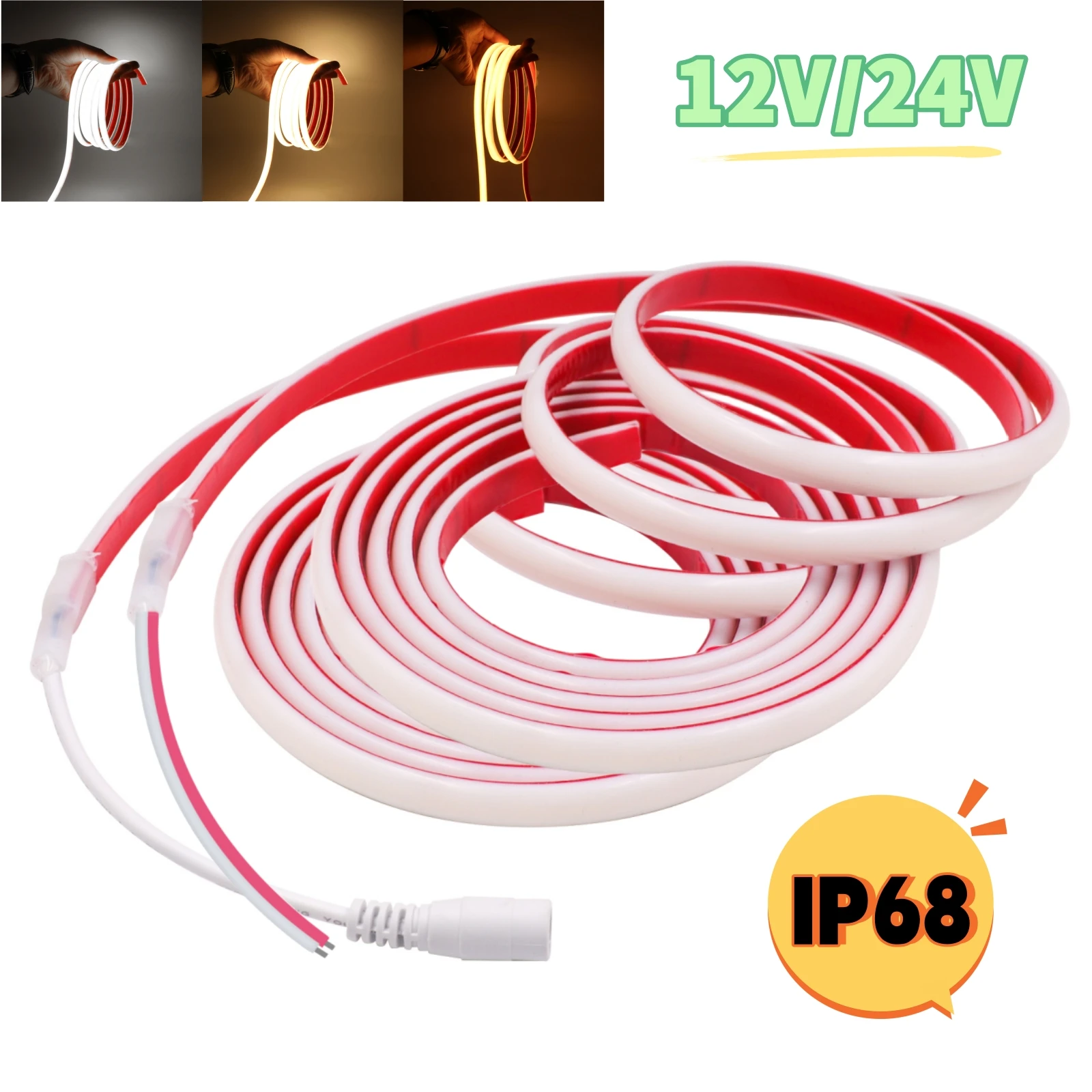 

IP68 Waterproof COB LED Strip 12V 24V 320Leds/M 3000K 4000K 6000K Neon Tape Flexible Ribbon Rope 10M 5M Linear Lighting Lamp