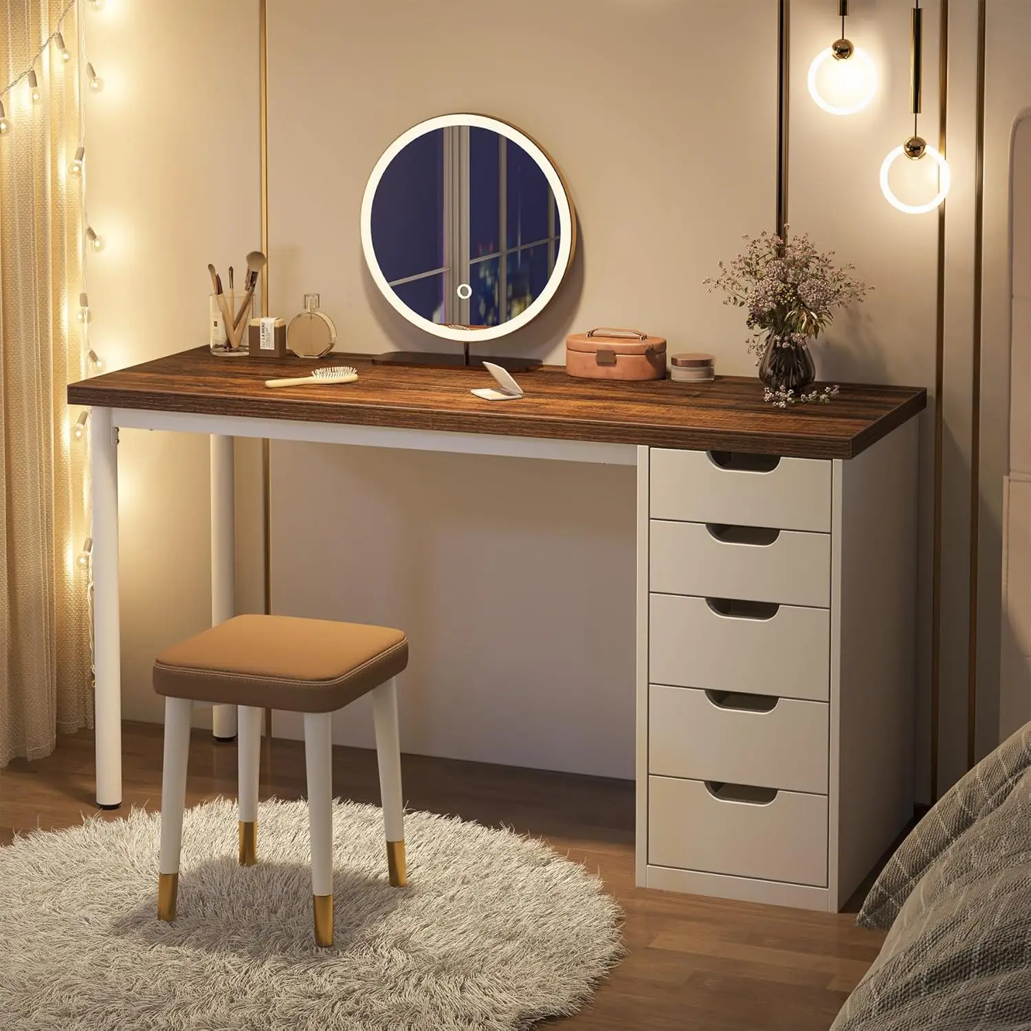 Computer Desk with 5 Drawers, 47 inches Rustic Brown Home Office Desk with Storage, Modern Simple Laptop Study W