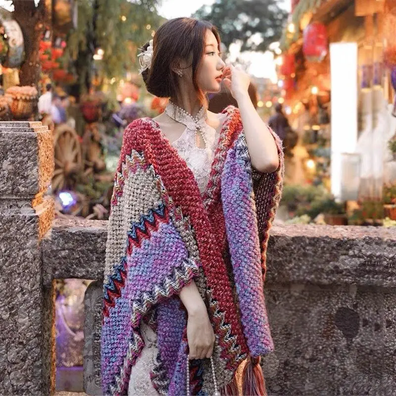 Boho Thicken Warm Shawl Plaid Tassel Cape Coat Hooded Wrap Mature Knitted  Outwear Shawl For Winter - Temu Canada