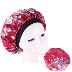 Big Size Women Beauty Print Satin Silky Bonnet Sleep Night Cap Head Cover Bonnet Hat for Curly Springy Hair Black Multiple Style