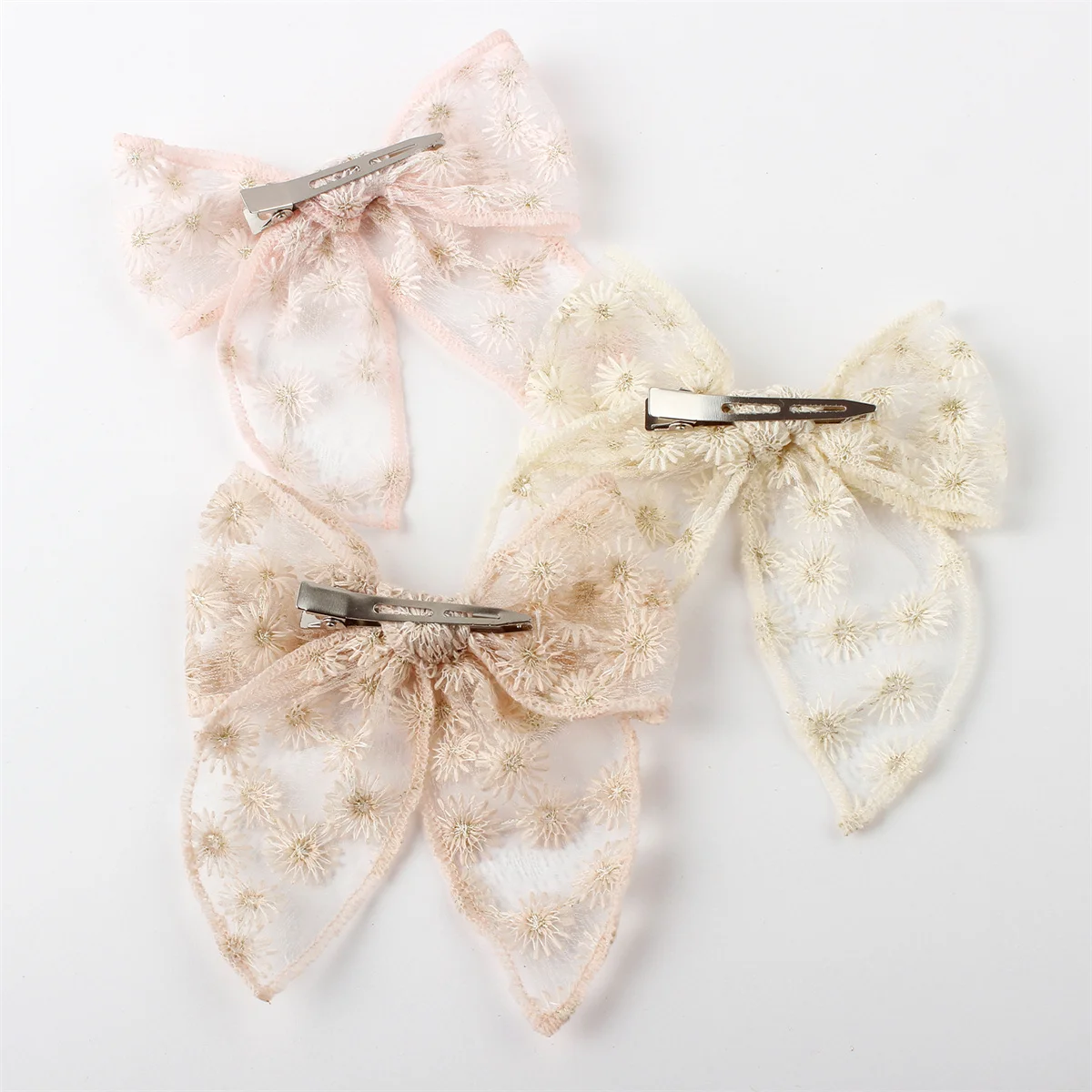 Hair Accessories 3pcs Kids Flower Embroidery Lace Bow Hair Clips Solid Color Elegant Ponytail Decor For Girls hair accessories