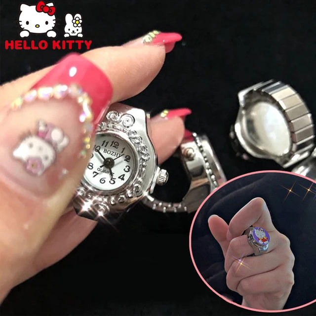 Hello Cica Ujj Watch Mini Rugalmas Szíj Aranyos Kagyló Kvarc Óra Ring Noma Lány Kawaii Ötvözet Hip -Hop Kiegészítők