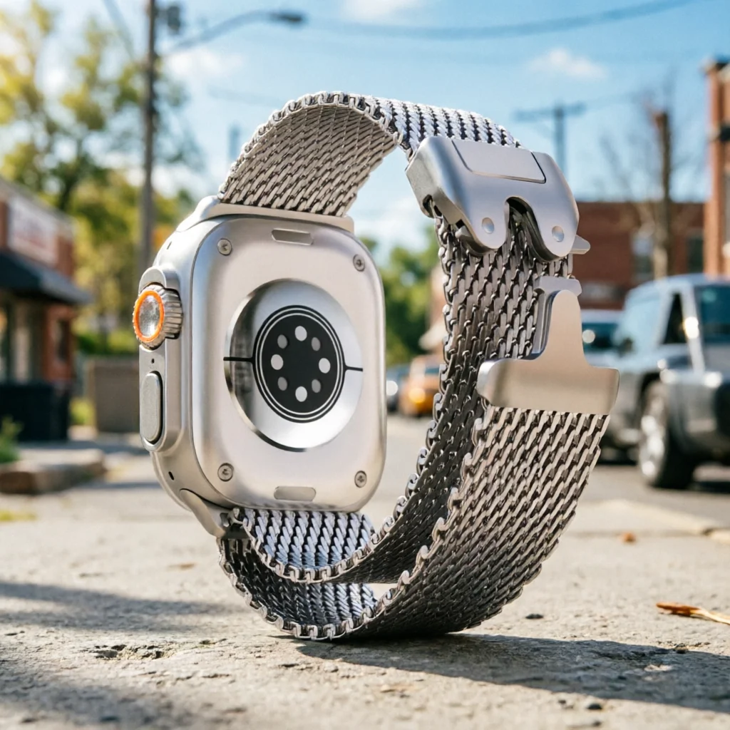Titanium Milanese Loop Strap with Parachute Buckle in Natural Finish