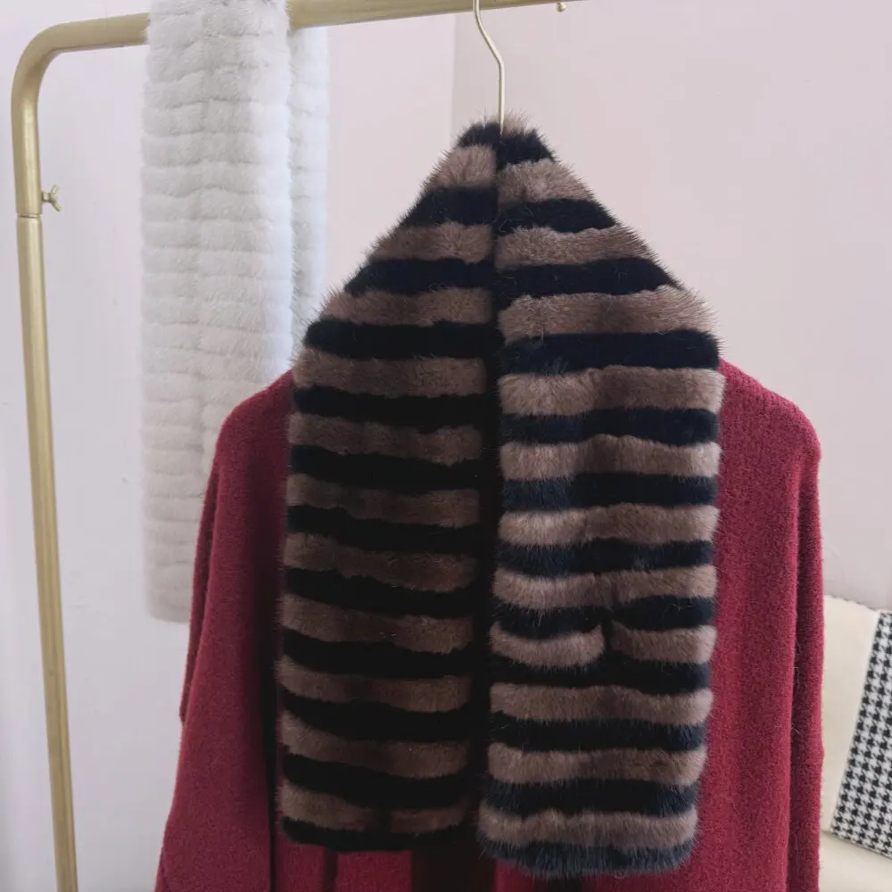 Neuer Luxuriöser Brauner Echter Nerzpelz-Schal für Damen, Doppelseitiger Langer Pelz-Halswärmer für Herbst und Winter, Stilvolles Vintage-Design – Detail 10
