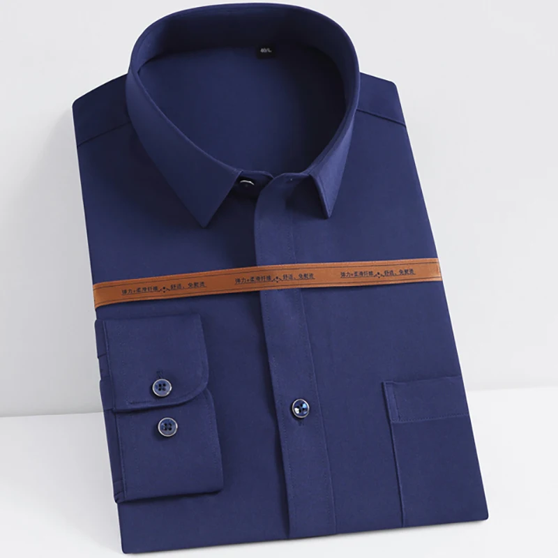 Dress Shirts Stretch Anti-Wrinkle Mens Long Sleeve Business Formal Solid Color Slight Slasticity Non-iron