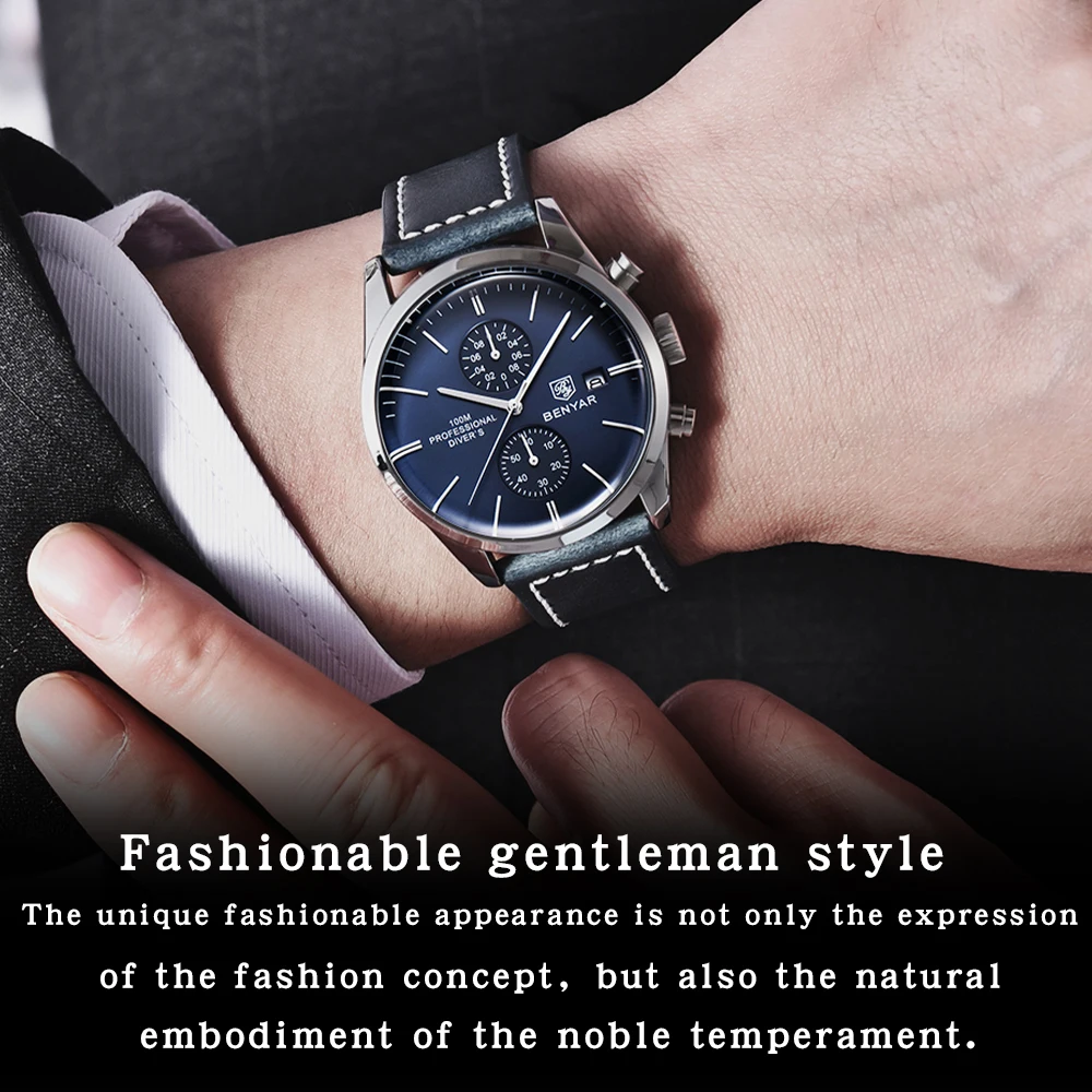 2022 New BENYAR Leather Men Quartz Wristwatches Luxury Brand 100M Waterproof Men Watch Military Sports Chronograph Watch for Men