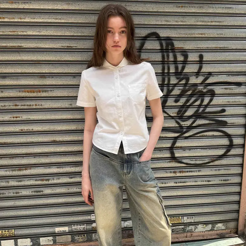 QWEEK White Loose Basic Short Sleeve Shirt Woman Preppy Sweet Button Up Blouse Summer Casual Chic Youthful Korean Fashion 2024
