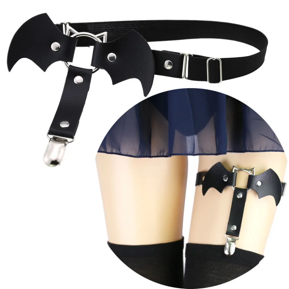 

Goth Style Stockings Belt Cosplay Accessory PU Leather Body Jewelry Sexy Leg Belt Metal Buckles Suspenders Elastic Bat Garter