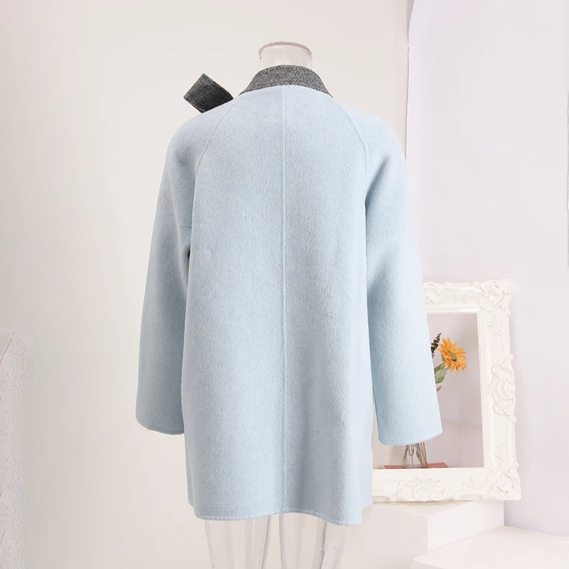 LANMREM Grey And Blue Colorblock Tie Collar Design Women's Double-faced Woolen Coat single Breasted Autumn Witner Clothing G4190 - Image 3