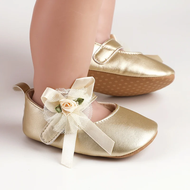 

0-1Y Baby Princess Shoes Infant Toddler Bowknot Non-slip Rubber Soft-Sole Flat PU First Walker Newborn Bow Decor Mary Janes Shoe